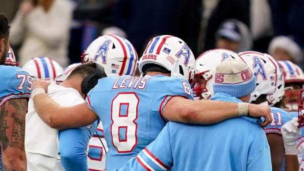 Tennessee Titans quarterback Will Levis (8) is helped off of the field in overtime against the Houston Texans at Nissan Stadium in Nashville, Tenn., Sunday, Dec. 17, 2023.